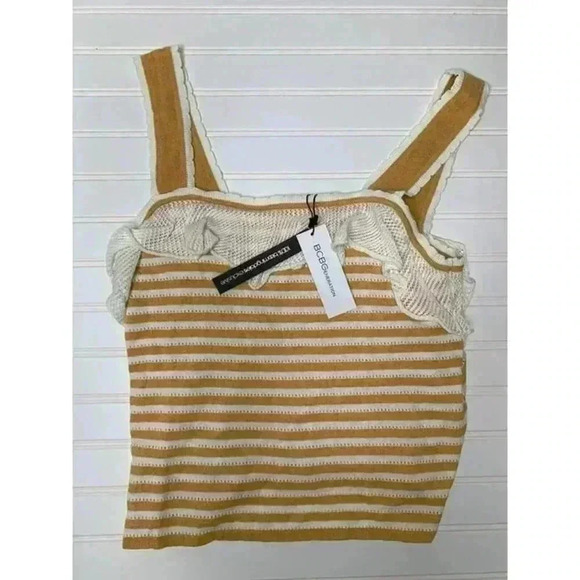 BCBGeneration Womens Yellow Ruffled Cropped Striped Tank Top Shirt Small NEW - Picture 2 of 4